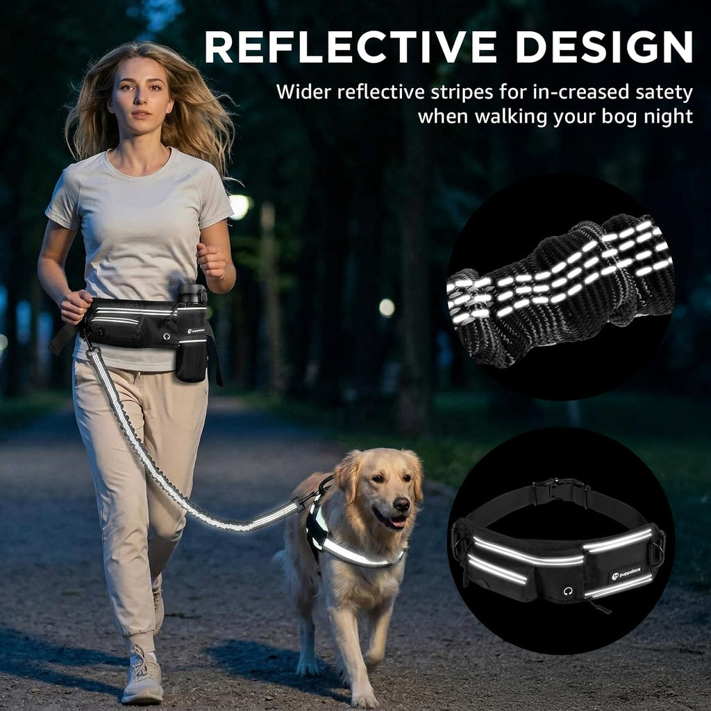 Hands Free Dog Leash with Waist Pack Bungee for Running Black