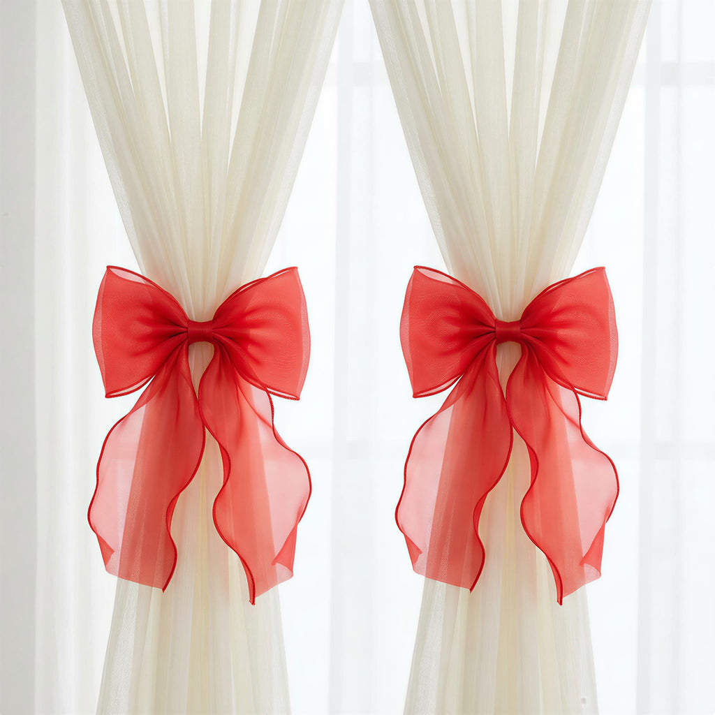 2 Pack French Lace Bow Curtain Tiebacks, Red