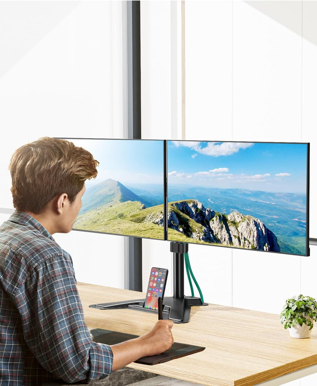 Dual Monitor Stand, Free-Standing Full Motion Monitor Desk Mount Fits 2 Screens up to 27 inches,17.6lbs with Height