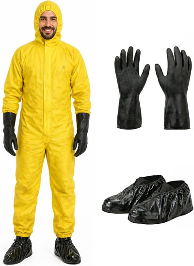 Yellow Hazmat Suit Coveralls with Long Gloves & Shoe Covers | Premium Full Body Work Protection Kit 80gsm Material