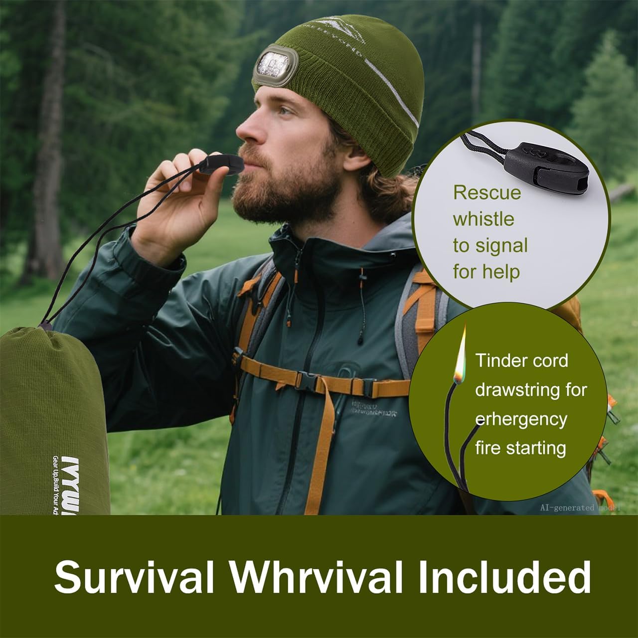 Emergency Sleeping Bag & LED Beanie Hat Set, Waterproof Thermal Mylar Bivy Sack, Portable Survival Gear for Hiking