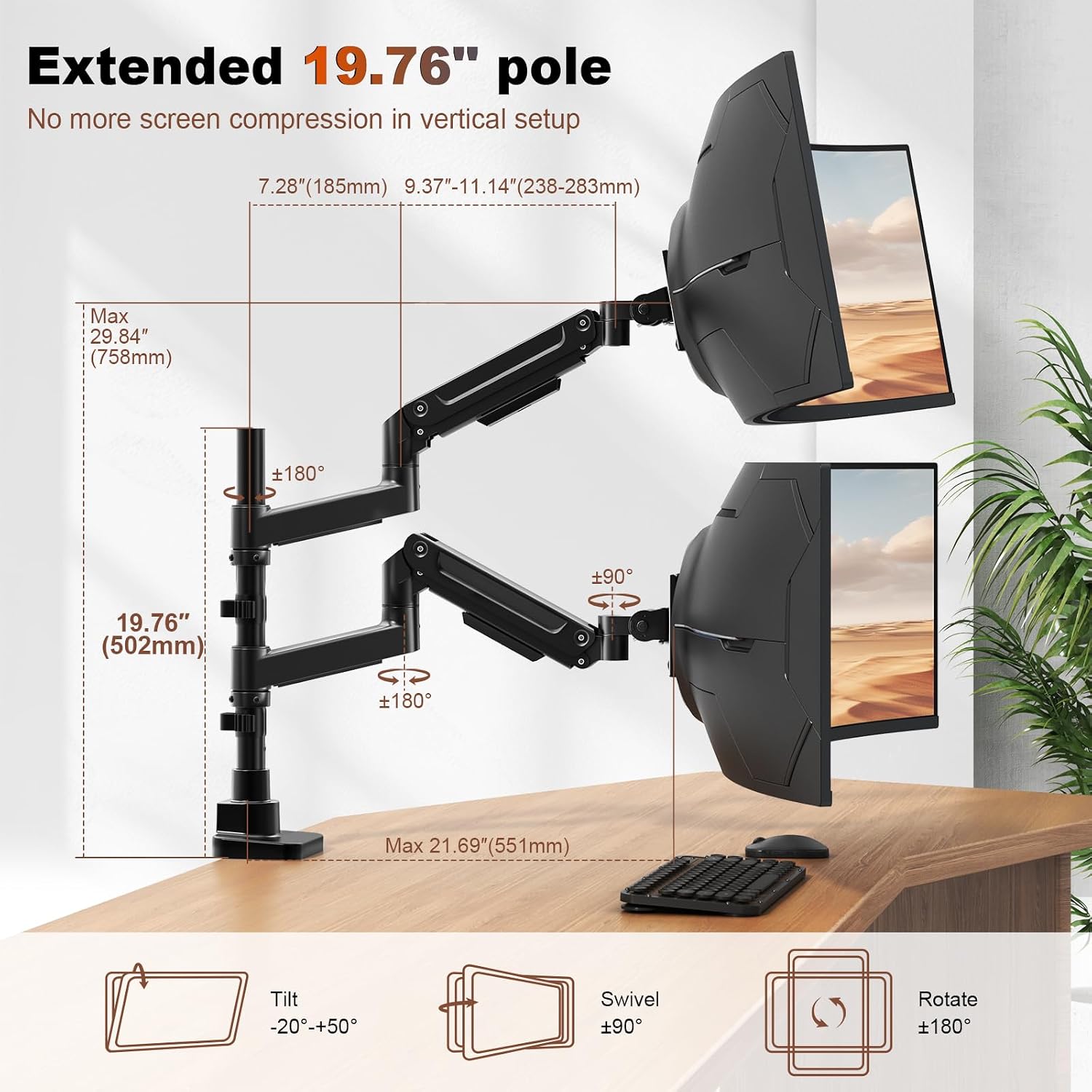 Heavy Duty Dual Monitor Arm for 17-49" Screens, Vertical Stack, 44lbs | 19.69'' Overall Height, Flexible Screen