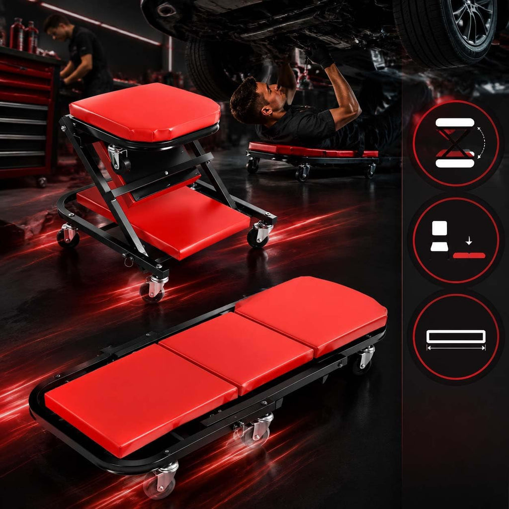 2-in-1 Foldable Mechanic Creeper with PU Cushion and 6 Wheels