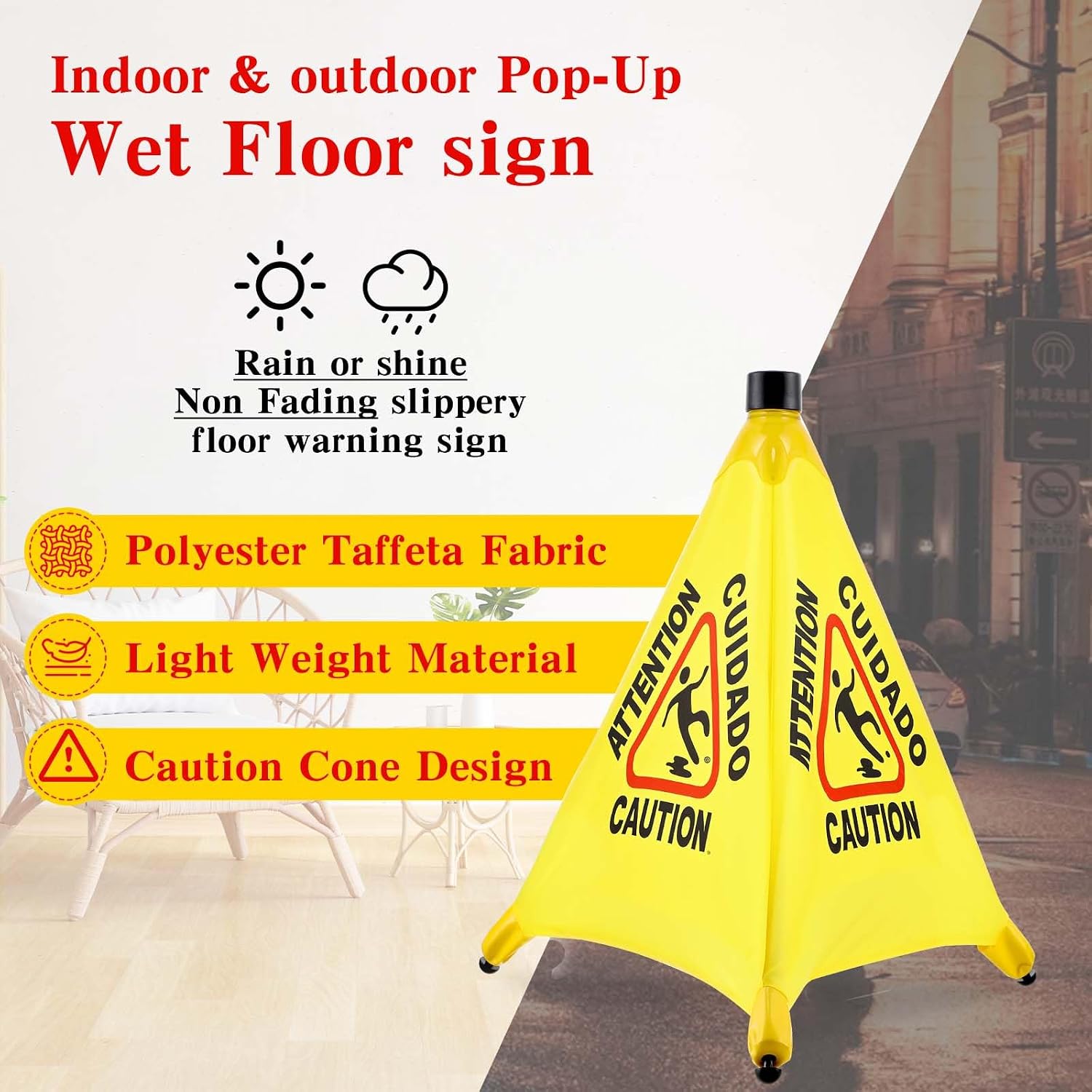 8-Packs Wet Floor Signs 20 Inch, Pop UP Bilingual Yellow Caution Wet Floor Sign with Wall Mounted Storage Tube