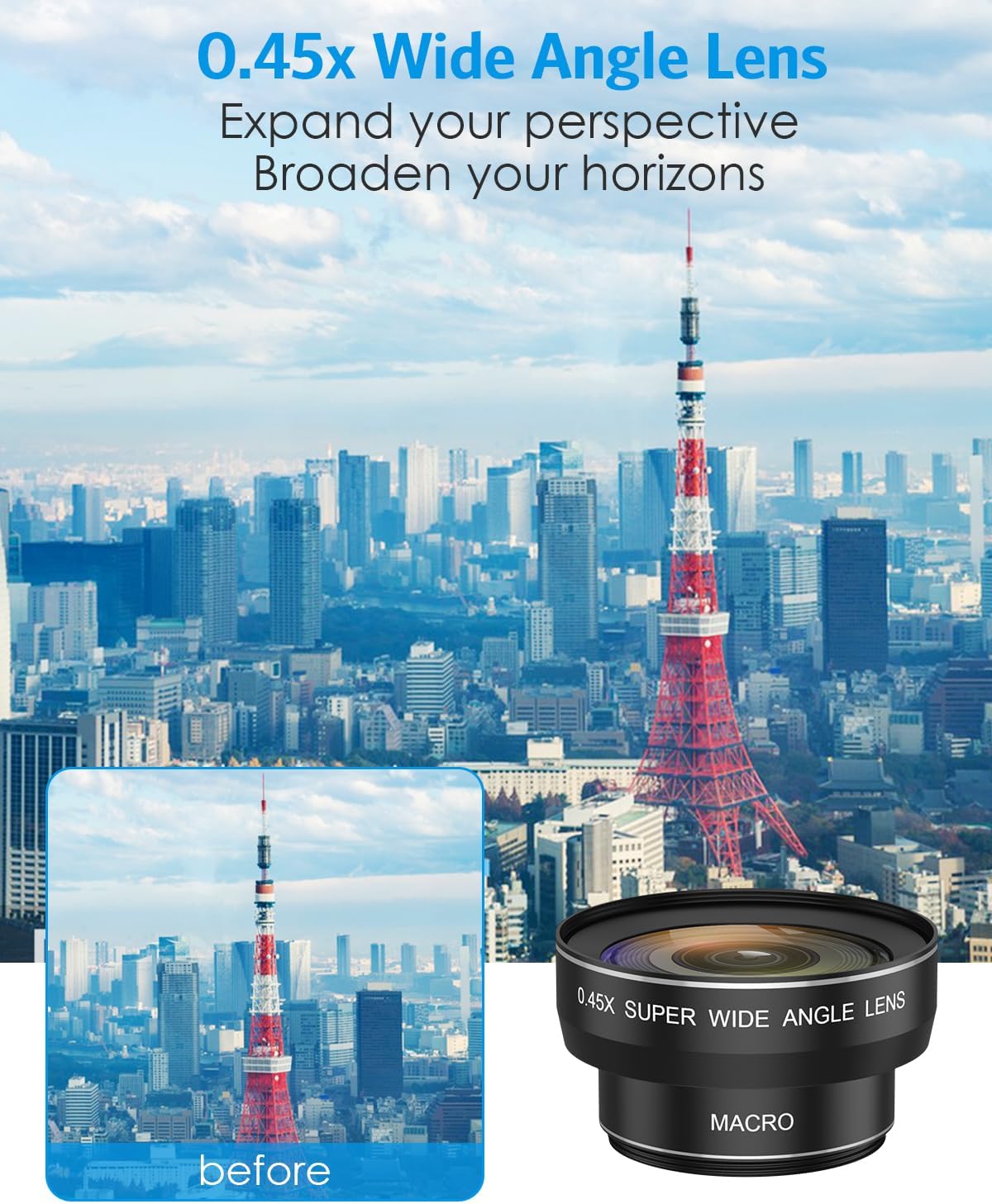 Phone Camera Lens, 0.45X Wide Angle & 12.5X Macro Lens, 2-in-1 Clip-On | 140° Super Wide Angle, HD Optical Glass