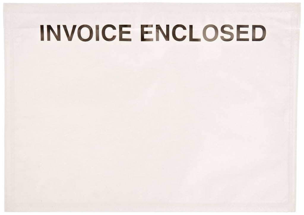 PL481 Poly Face Envelope, Legend"Invoice Enclosed", 7" Length x 5" Width, 2 mil Thick, Black on Clear (Case of 1000)