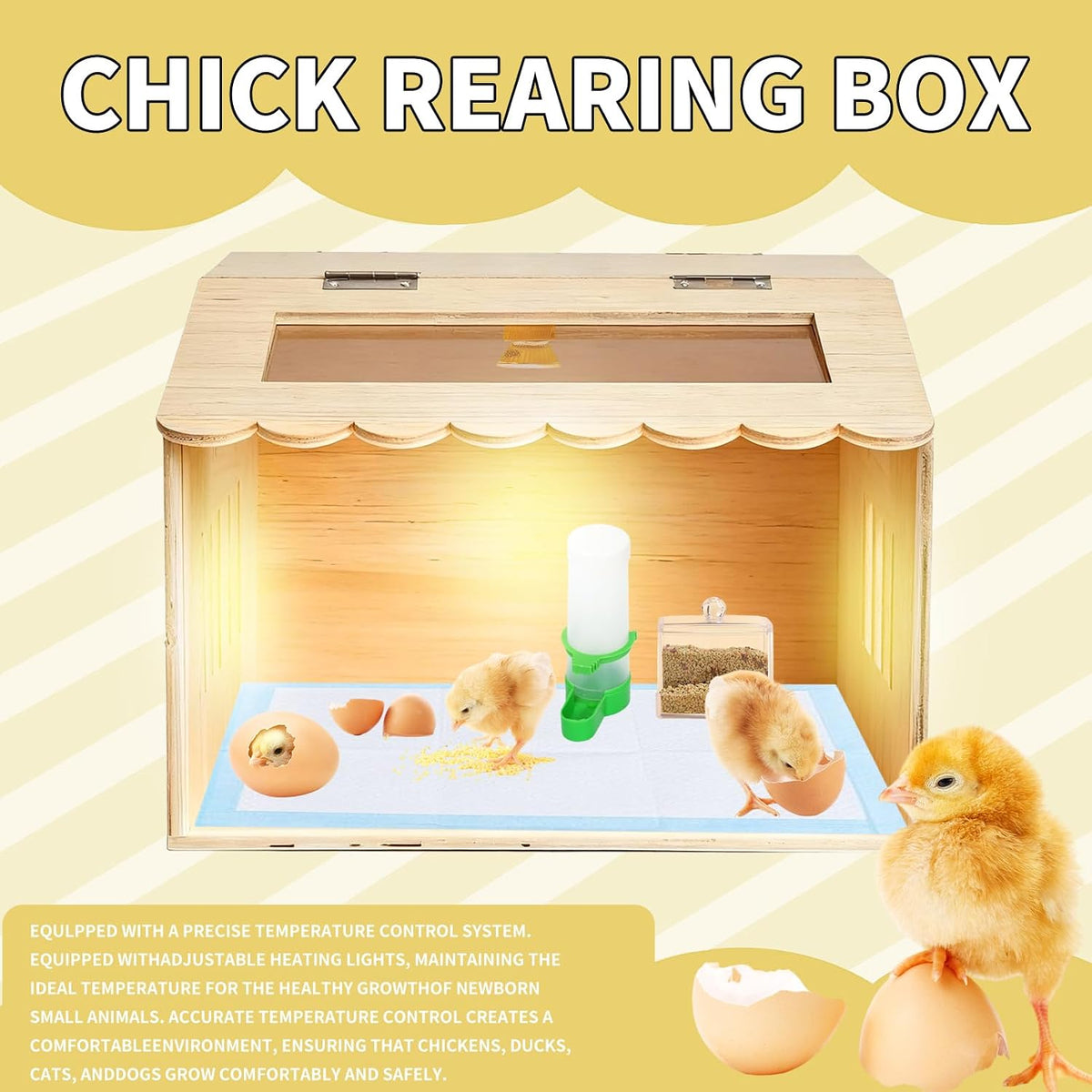 Wooden Chicken Brooder Box Kit with Heating Lamp, Thermometer, Food & Water Feeders, 15.7x11.8x11.8 Inch, Complete