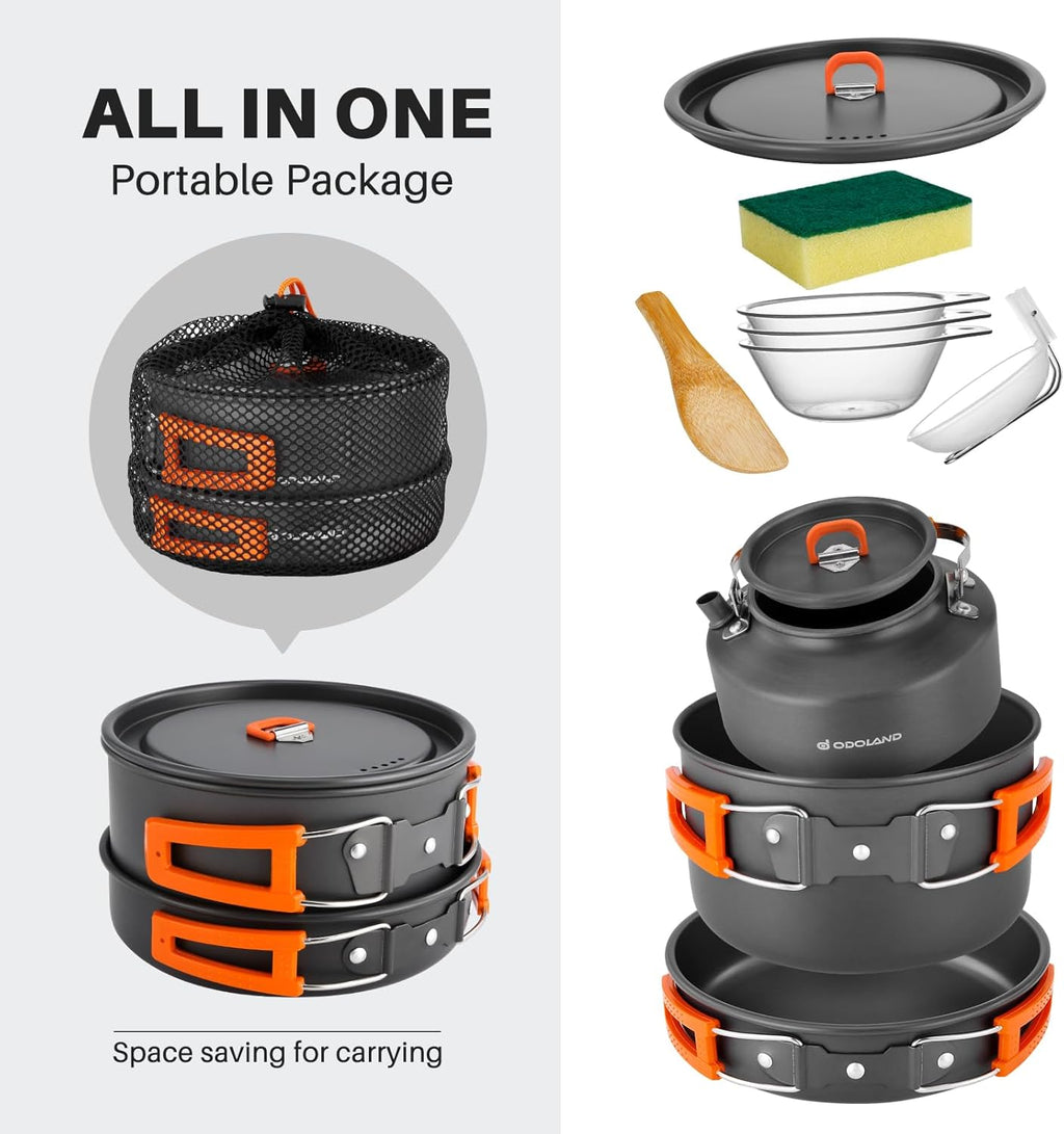 10pcs Camping Cookware Camping Pots and Pans Set with Kettle Plastic Bowls and Soup Spoon for Camping, Backpacking
