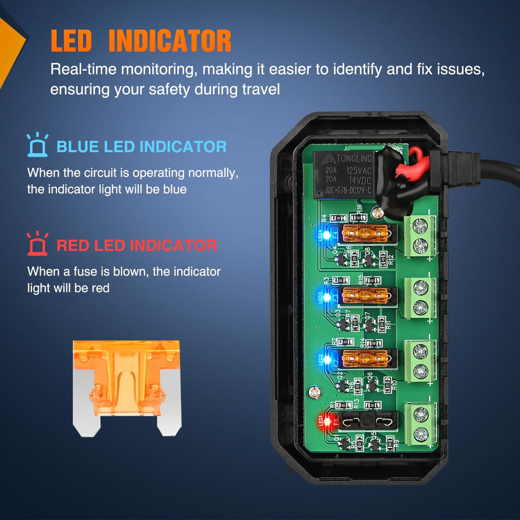 12V Motorcycle Fuse Box 20A Low Profile Terminal Block Holder w/LED Indicator 4 Circuits Protection Battery Relay for
