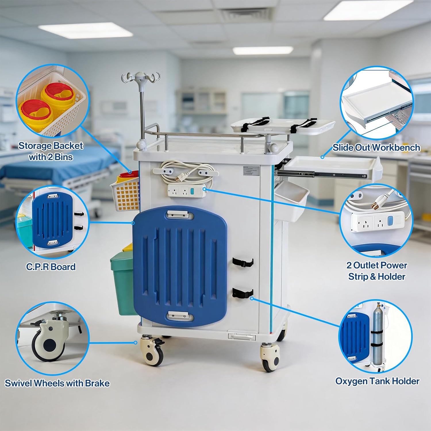 Medical Crash Cart with Emergency Accessory for Hospitals and Clinic | Rolling Emergency Cart with Cardiac Board, IV