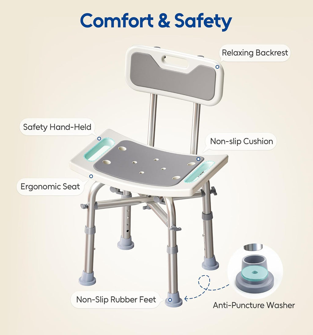 Shower Chair with Back for Elderly and Disabled, Shower Seat Bench Stool, Adjustable Height, 350 lbs Capacity
