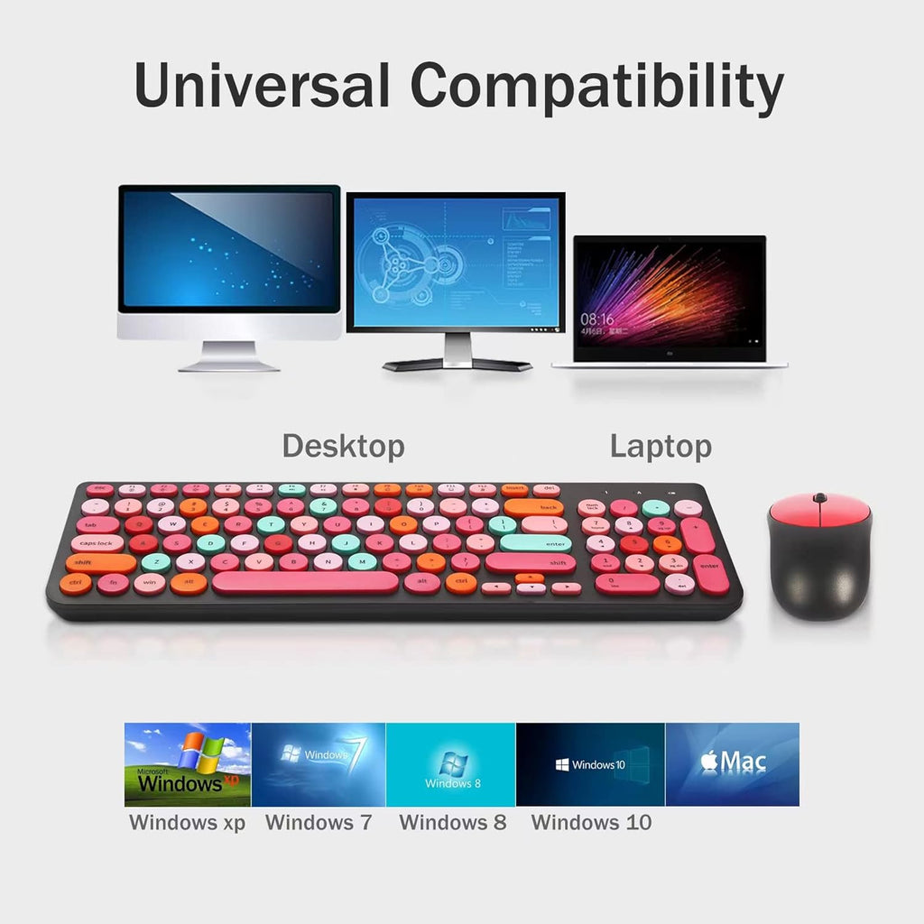 Wireless Keyboard and Mouse Combo, Retro Typewriter Keyboard with Round Keycaps, 2.4GHz USB Cute Wireless Keyboard