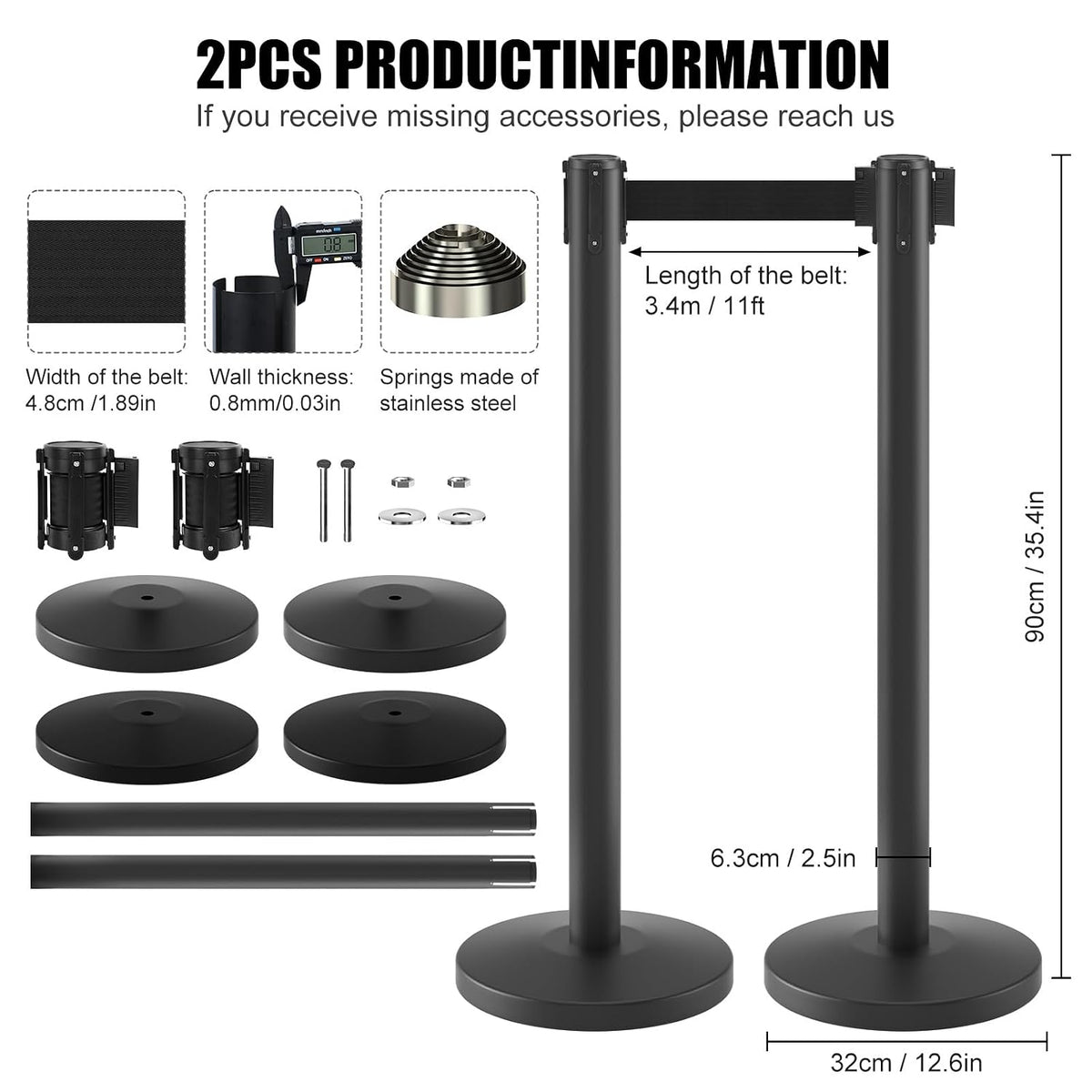 2 Pack Stanchions with Retractable Barriers 11 Feet Belts (Black)