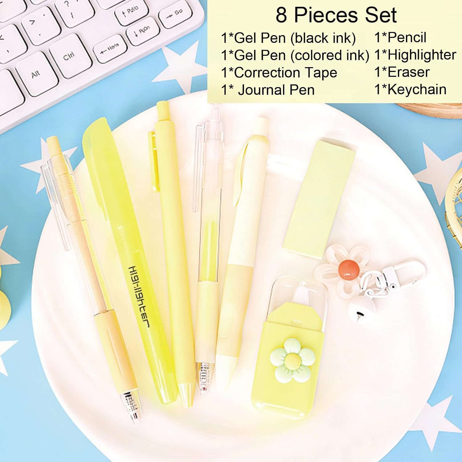 8 Pcs Cute Yellow Stationery Set for Girls Boys Women Back to School Supplies Office Supplies Kawaii Candy Colors