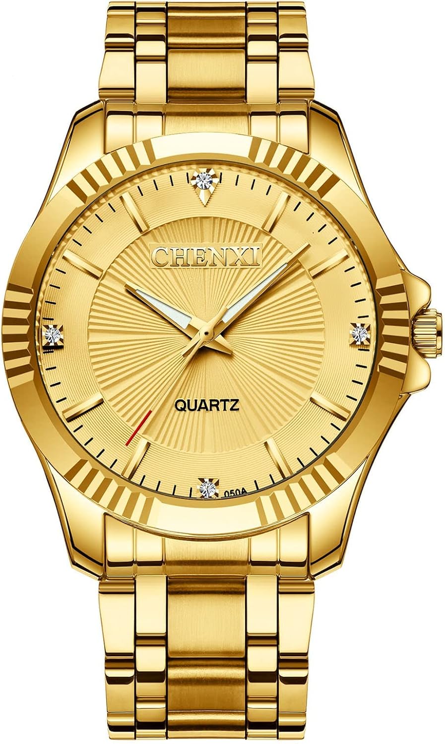 Diamante Dial Fashion Casual Mens Gold Watch Quartz Stainless Steel Water Resistant Wrist Watch