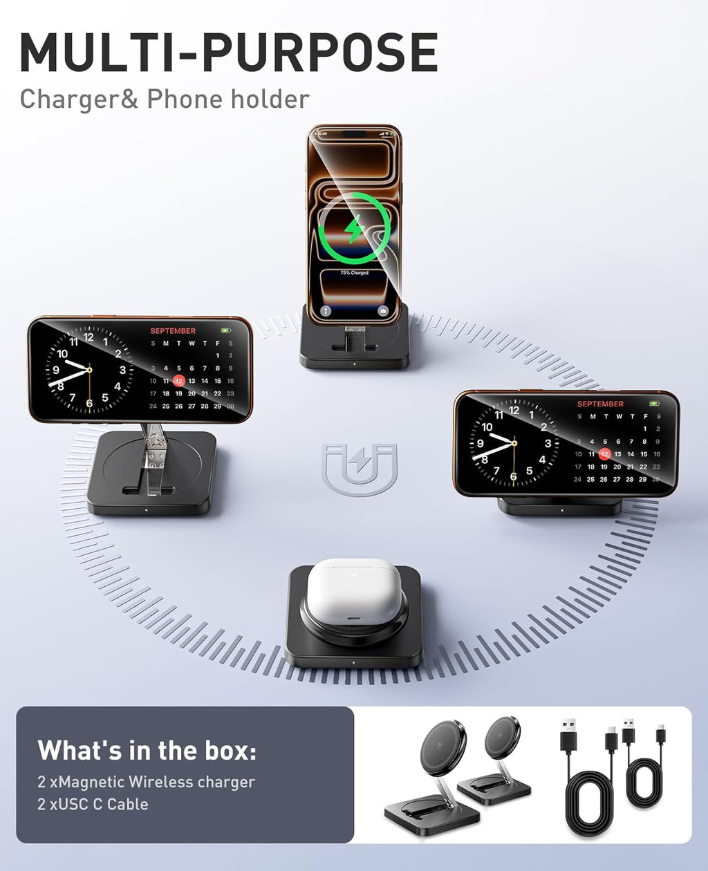Magnetic Wireless Charger, [2 Pack] 15W Foldable Fast Charging Stand | For iPhone 17/16/15/14/13/12 Series/AirPods