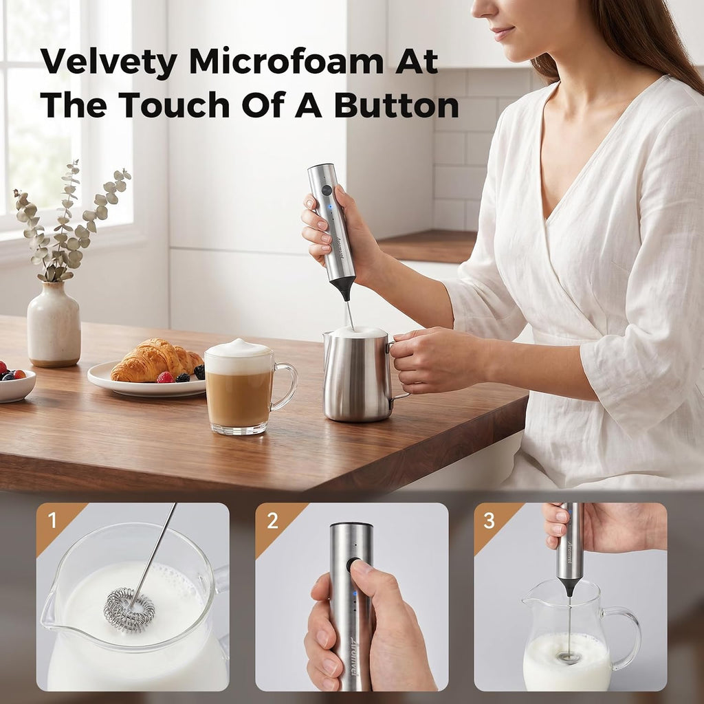 Rechargeable Milk Frother Handheld, 3 Speeds for Coffee, Latte | Electric Foam Maker with Dual Spring Whisk, Hot