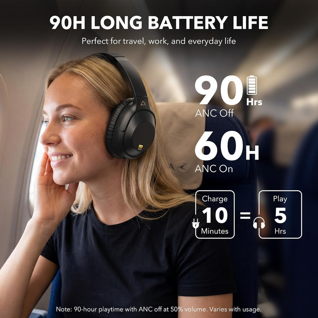 Bluetooth 6.0 Active Noise Cancelling Headphones for Airplane Travel, Black | LDAC Hi-Res Audio, 90H Playtime Wired