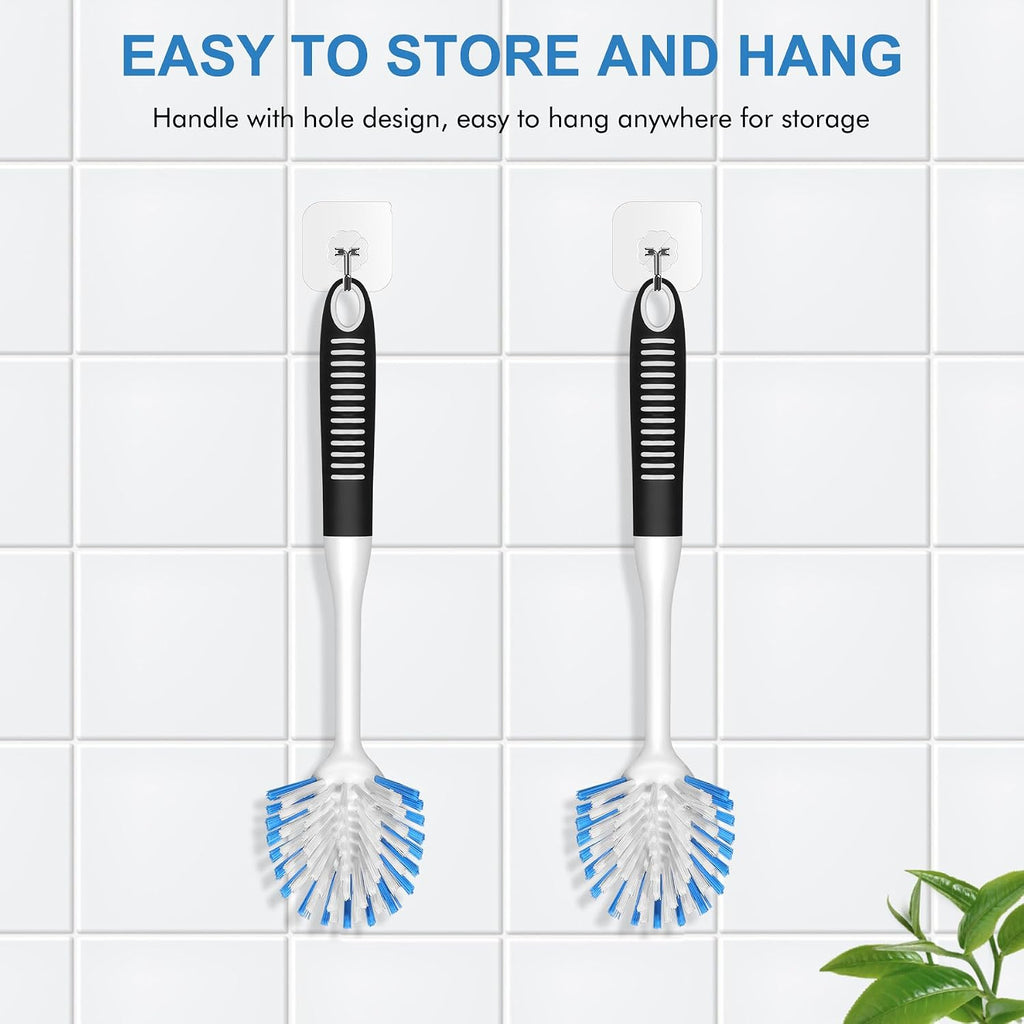 Dish Brush with Handle, 2 Pack Stiff Bristles Dish Scrubber with Built-in Scraper Dish Scrub Brushes for Cleaning