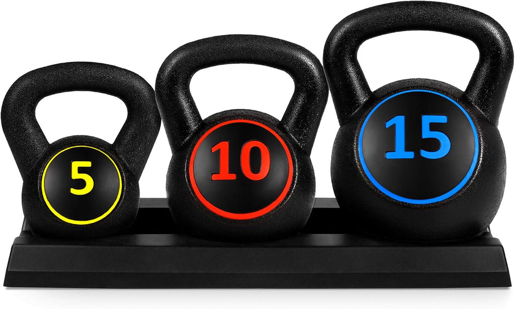 3-Piece Kettlebell Set with Storage Rack, HDPE Coated Exercise Fitness Concrete Weights for Home Gym, Strength
