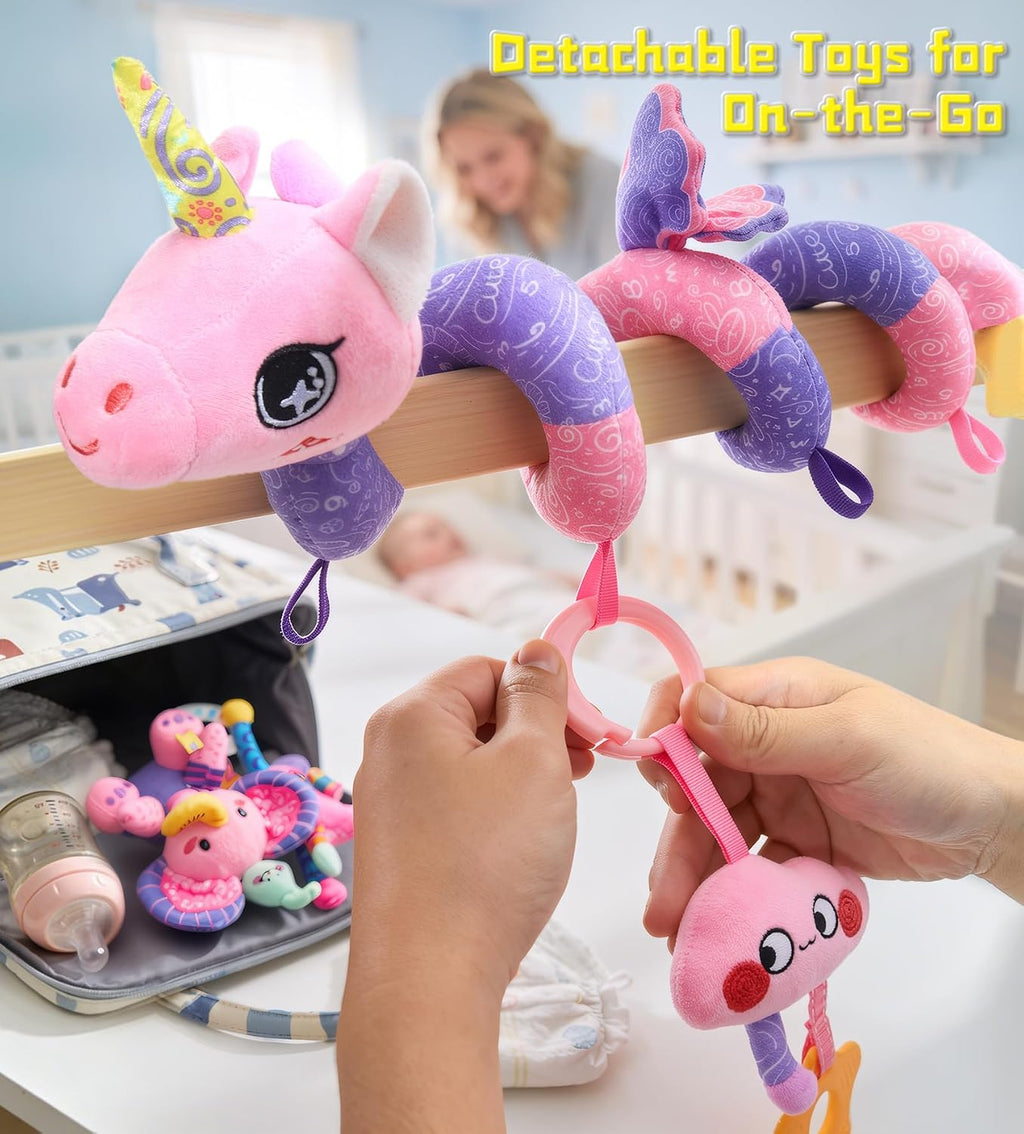 Musical Car Seat Toy for Babies 0-12 Months Girl, 5-in-1 Sensory Activity Hanging Toy Stroller Toy with Soothing
