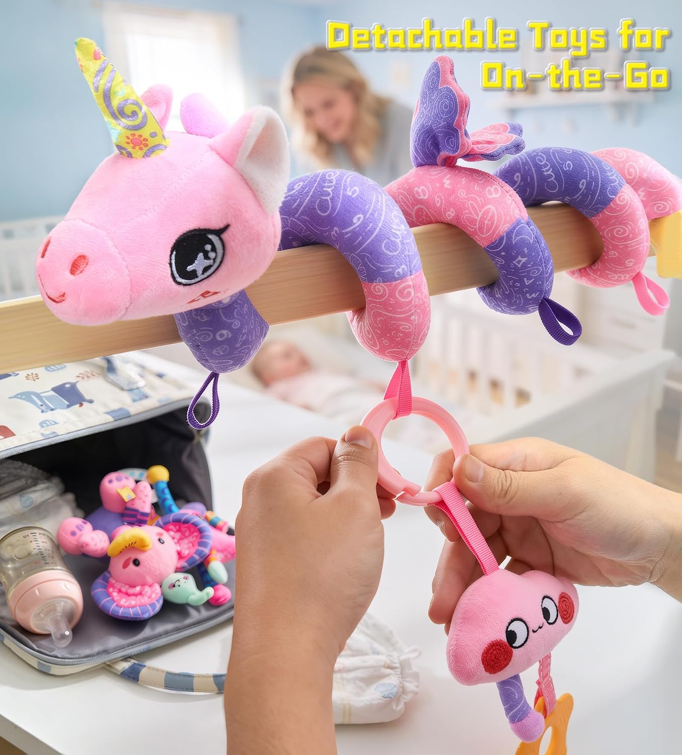 Musical Car Seat Toy for Babies 0-12 Months Girl, 5-in-1 Sensory Activity Hanging Toy Stroller Toy with Soothing