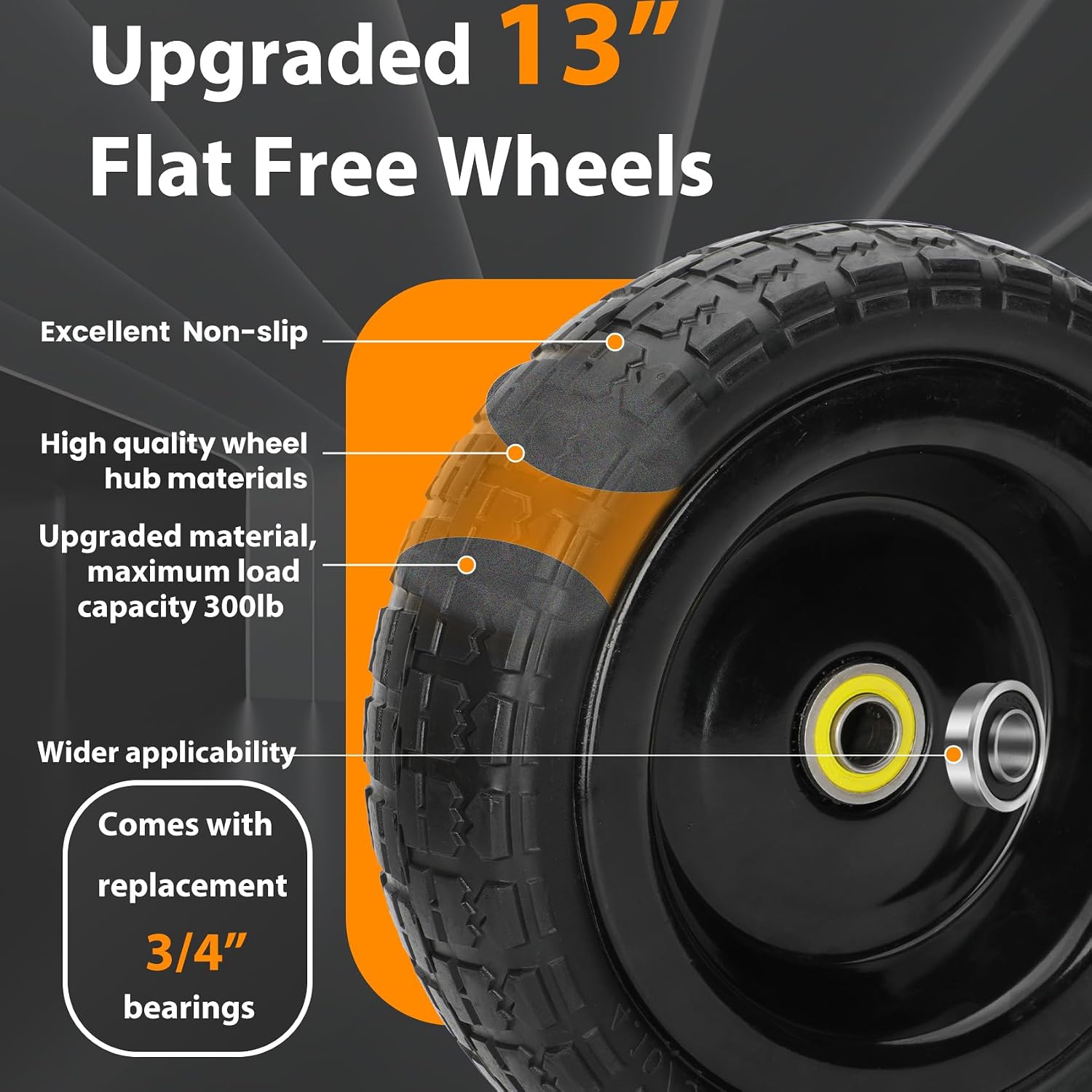 13" Flat Free Wheels Replacement for GOR Garden Cart Tires, 4.00-6 Solid Tires with 5/8"Bearings, 13" No Flat Wheels