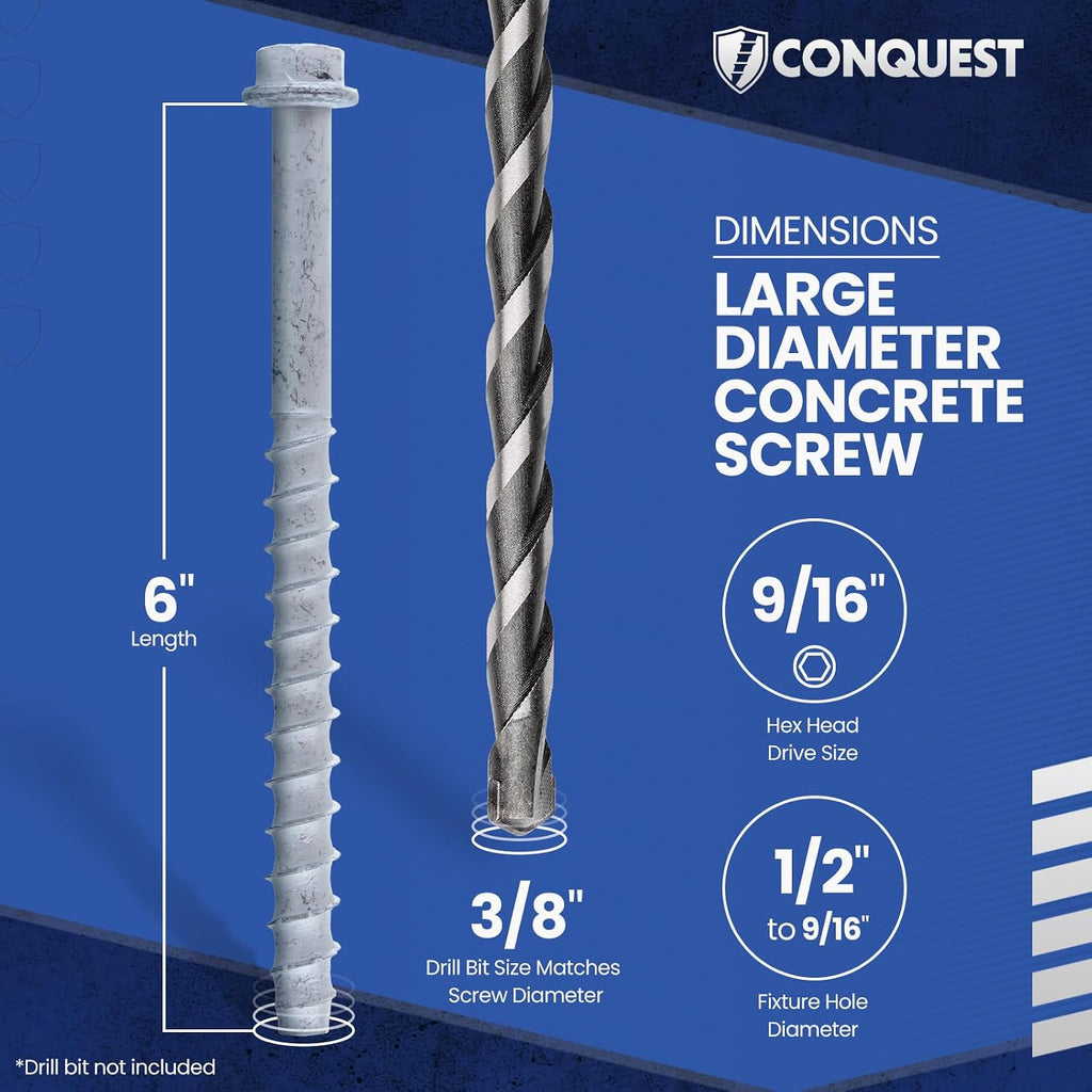 Conquest 3/8” x 6” Galvanized Large Diameter Concrete Screws (50-Pack), High-Strength Carbon Steel Concrete Anchor
