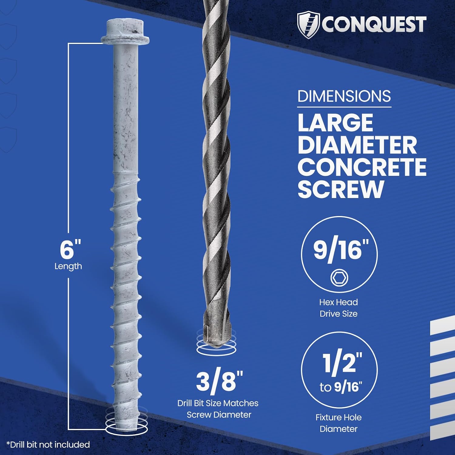 Conquest 3/8” x 6” Galvanized Large Diameter Concrete Screws (50-Pack), High-Strength Carbon Steel Concrete Anchor