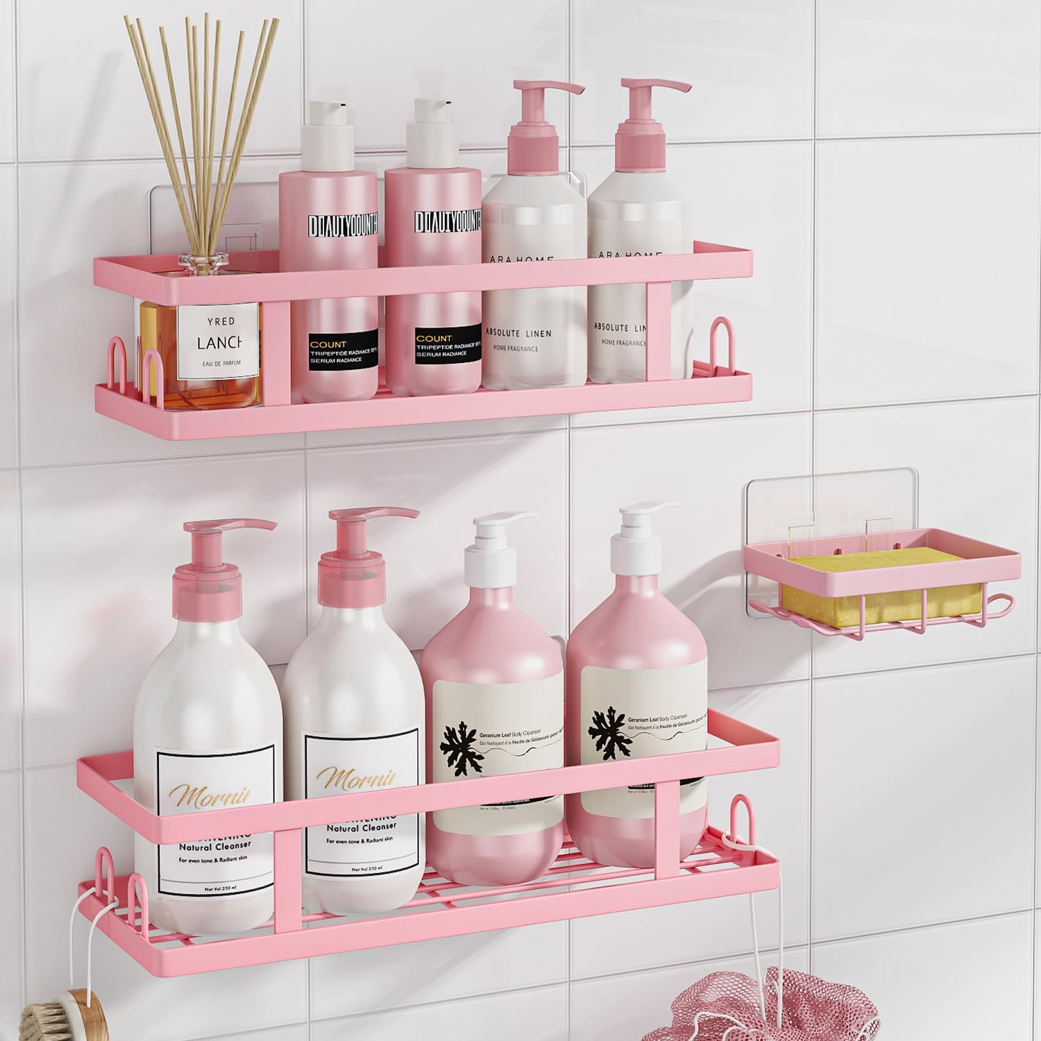 Adhesive Shower Caddy,Shower Shelves with Soap Holder and 12 Hooks,No Drilling Bathroom Organizer and Storage,Pink,3