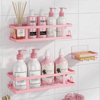 Adhesive Shower Caddy,Shower Shelves with Soap Holder and 12 Hooks,No Drilling Bathroom Organizer and Storage,Pink,3