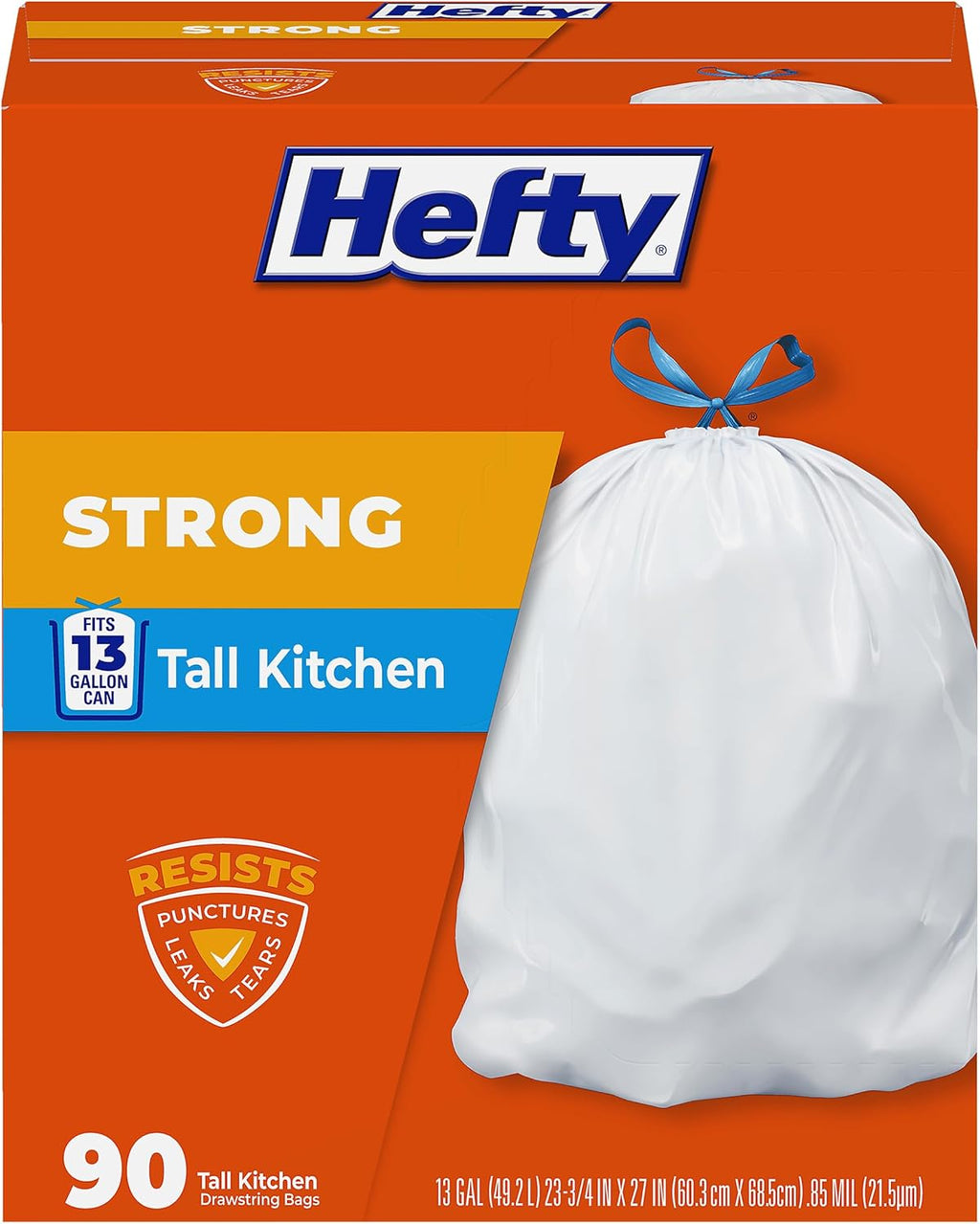 Strong 13 Gallon Trash Bags, Tall Kitchen, Drawstrings, Durable Closure, Resists Leaks, Punctures, Tears, White