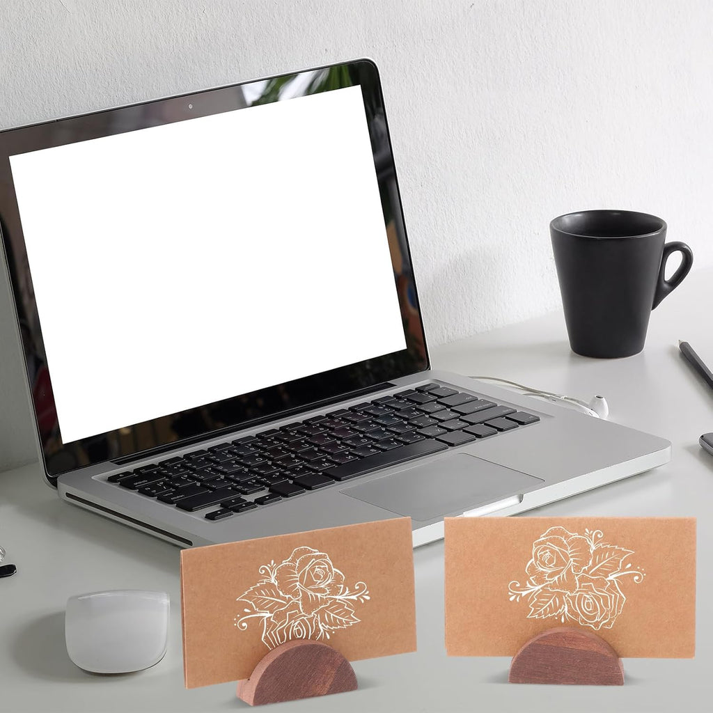 24 Pcs Wooden Table Number Stands with Tented Cards,Brown | Place Card Holders for Weddings, Semicircle Wood Base