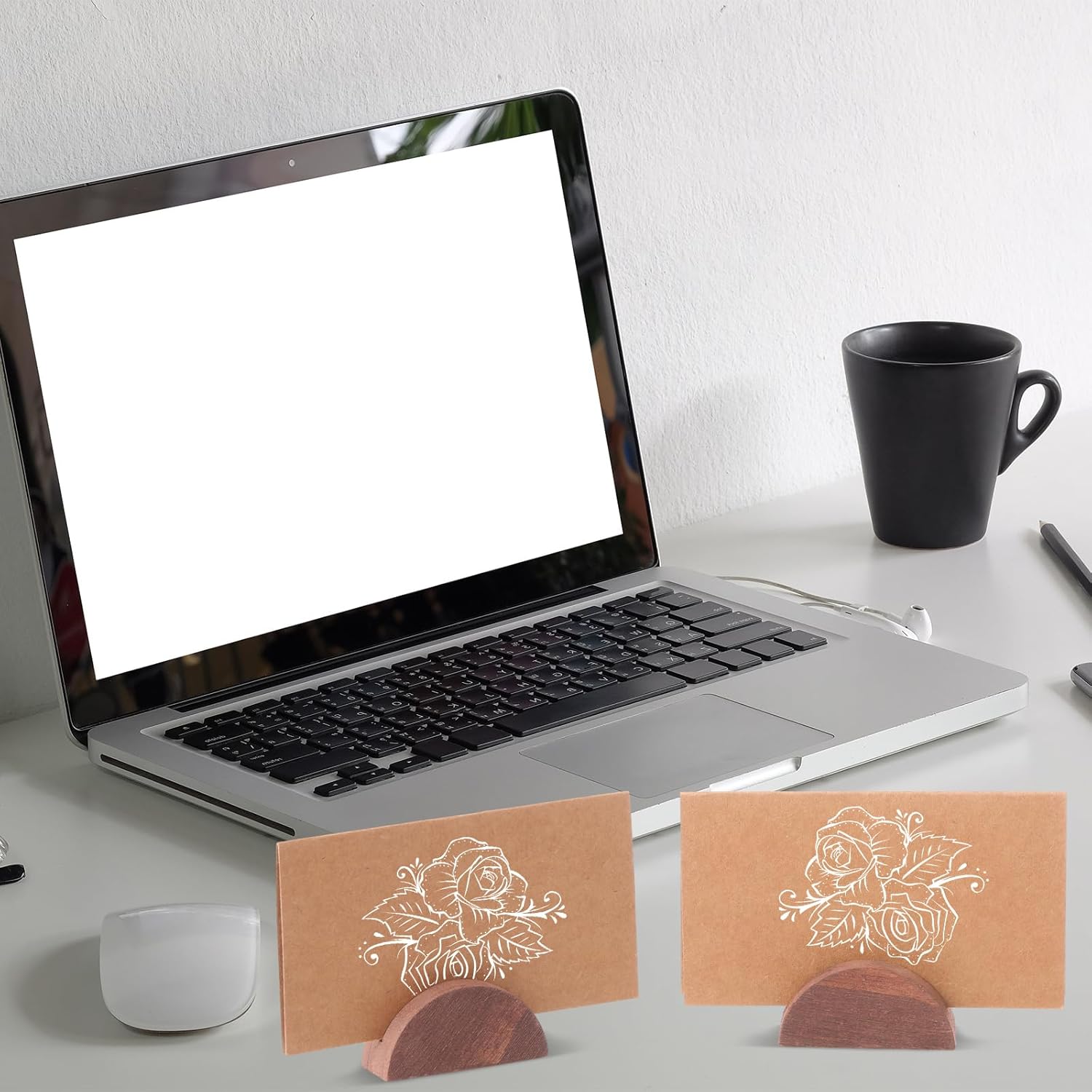 24 Pcs Wooden Table Number Stands with Tented Cards,Brown | Place Card Holders for Weddings, Semicircle Wood Base