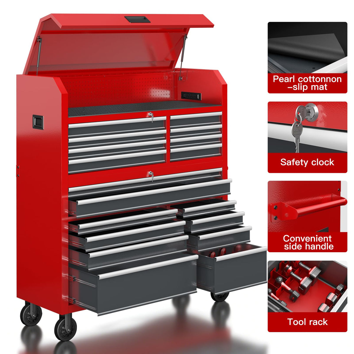 60'' Rolling Tool Chest Combo, 18-Drawer Heavy Duty Steel Tool Cabinet with Power Outlet, Locking System & Wheels