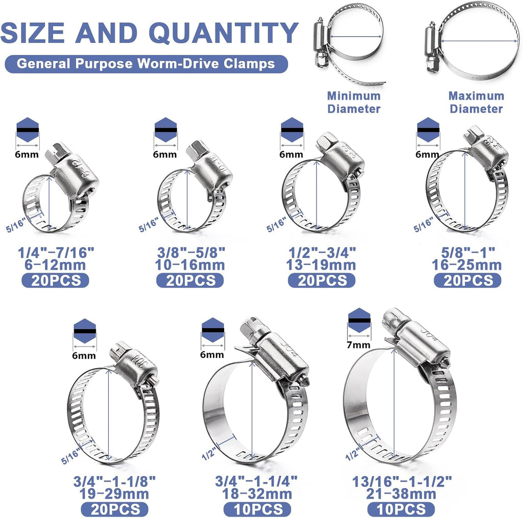Hose Clamp- Qibaok 120 PCS Stainless Steel Hose Clamps Assortment Kit | 1/4''–1-1/2'' Worm Gear Clamps for Fuel Line