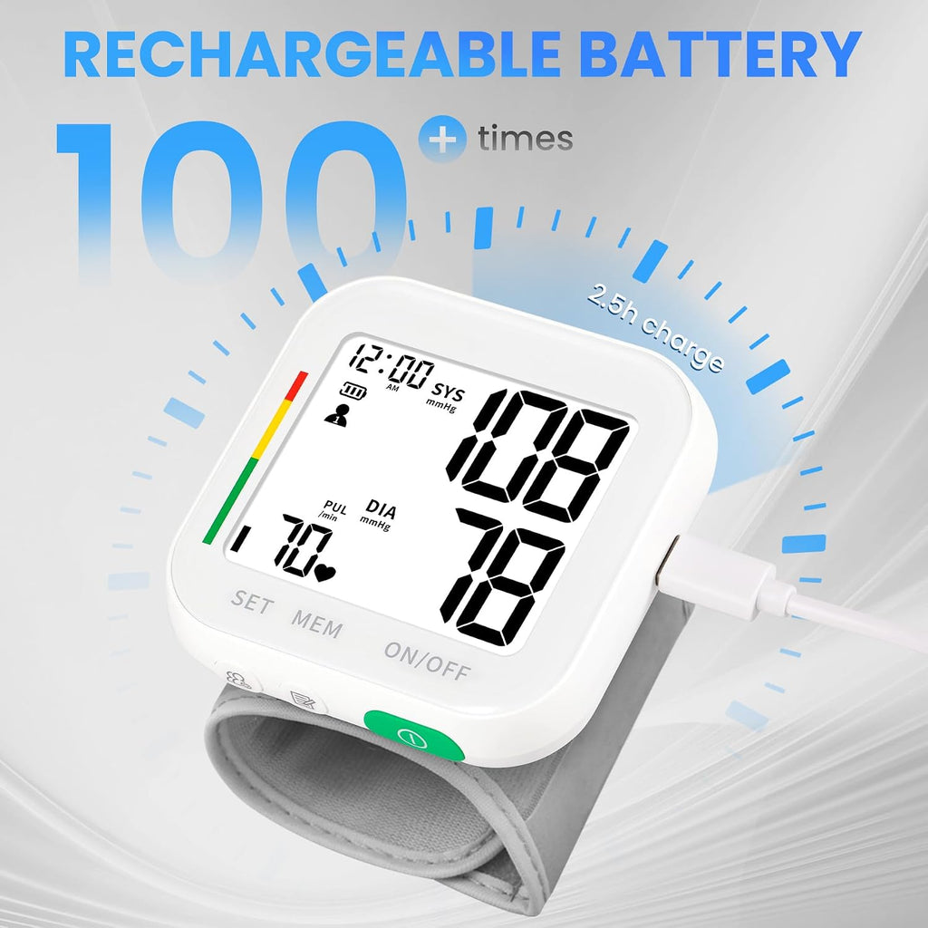 Blood Pressure Monitor for Home Use Rechargeable Wrist BP Machine, White