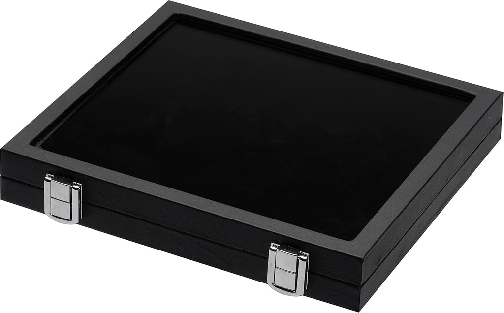 Jewelry Display Case Tempered Glass Top Lid Black Leatherette,Gemstone Display Case Jewelry Storage Box with Metal