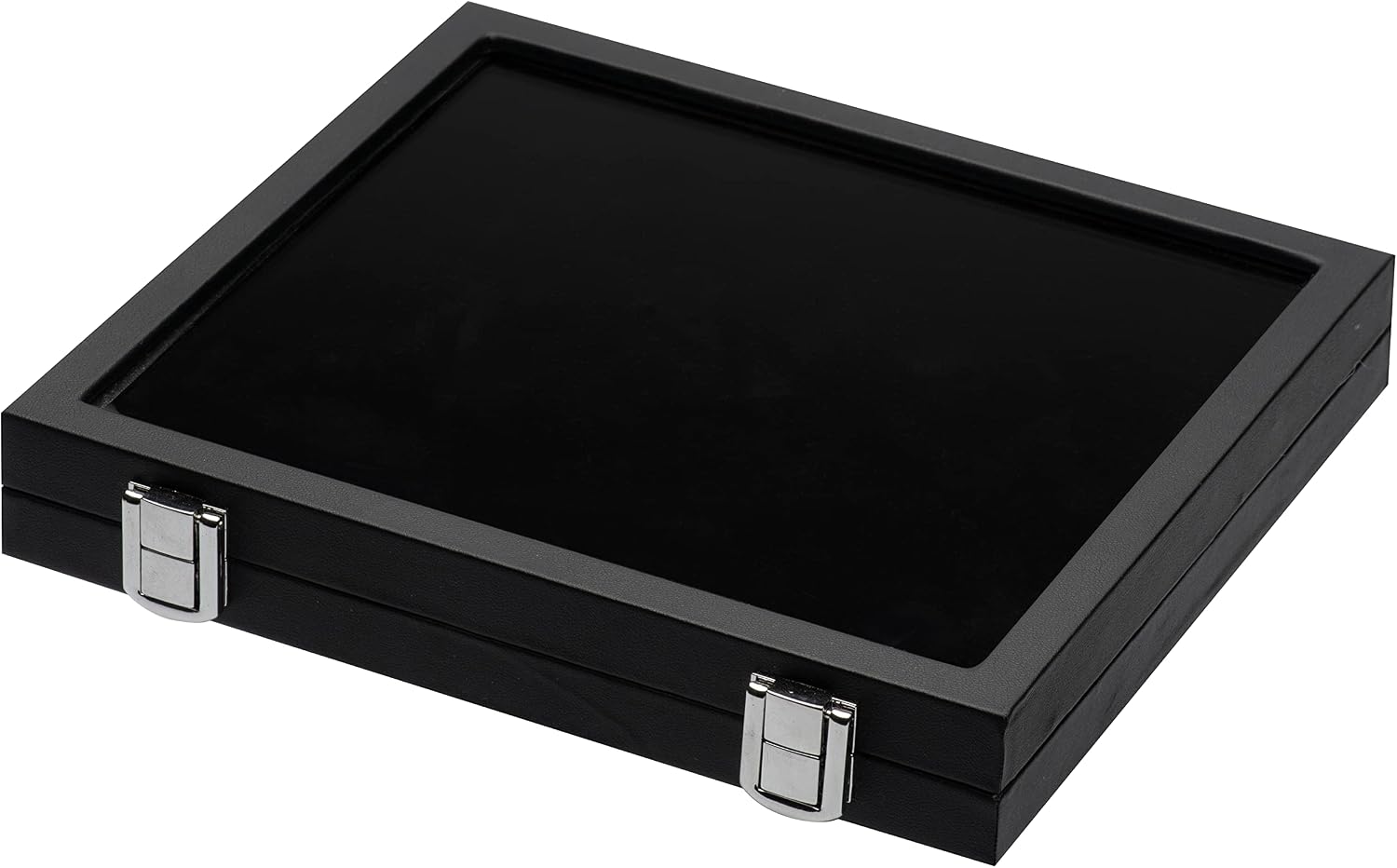 Jewelry Display Case Tempered Glass Top Lid Black Leatherette,Gemstone Display Case Jewelry Storage Box with Metal