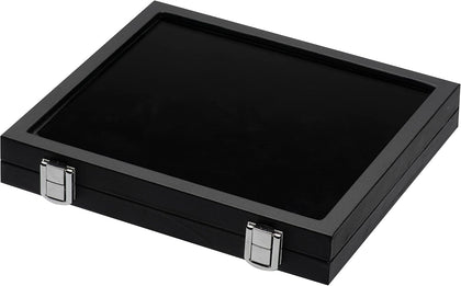 Jewelry Display Case Tempered Glass Top Lid Black Leatherette,Gemstone Display Case Jewelry Storage Box with Metal