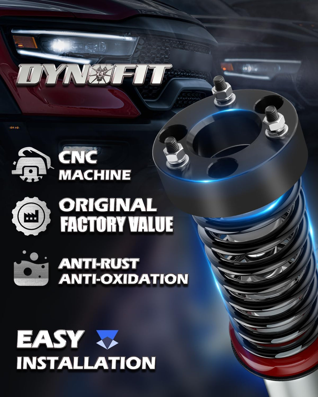 Dynofit 2in Leveling Lift Kit for Dodge Ram 1500 4WD (2006-2026), Aluminum Strut Spacers Raise 2 Inches Front Suspension for Ram1500 4x4