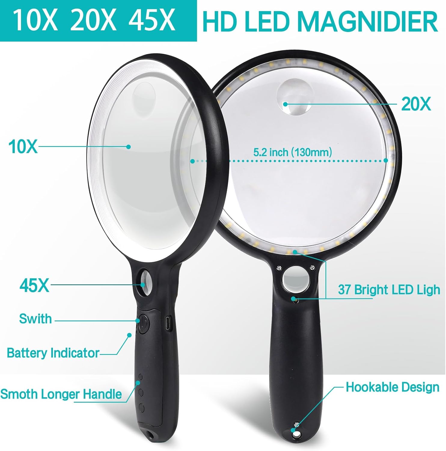 Large Magnifying Glass with 37 LED Light, 10X 20X 45X Handheld Illuminated Lighted Magnifier with 3 Light Modes