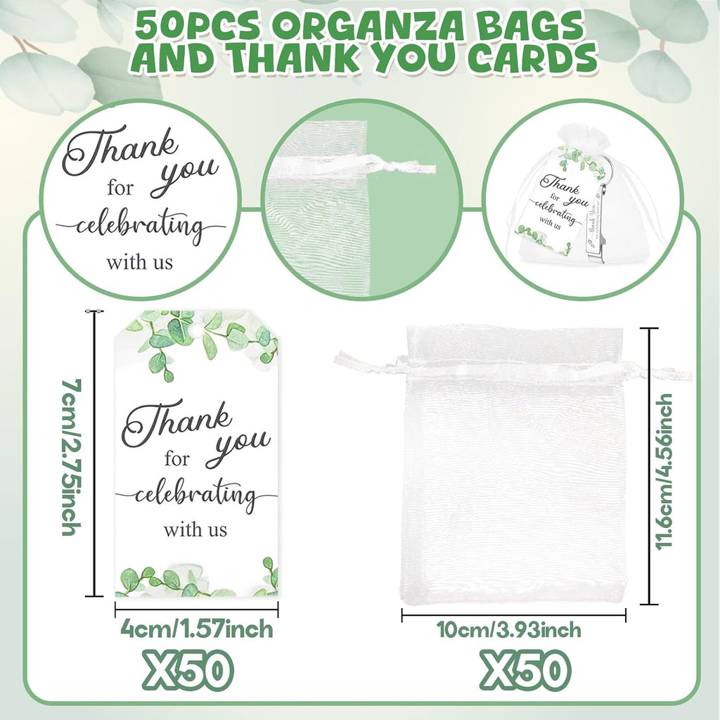 50 Sets Wedding Favors: Bottle Opener Keychains, Thank You Cards & Organza Bags for Guests