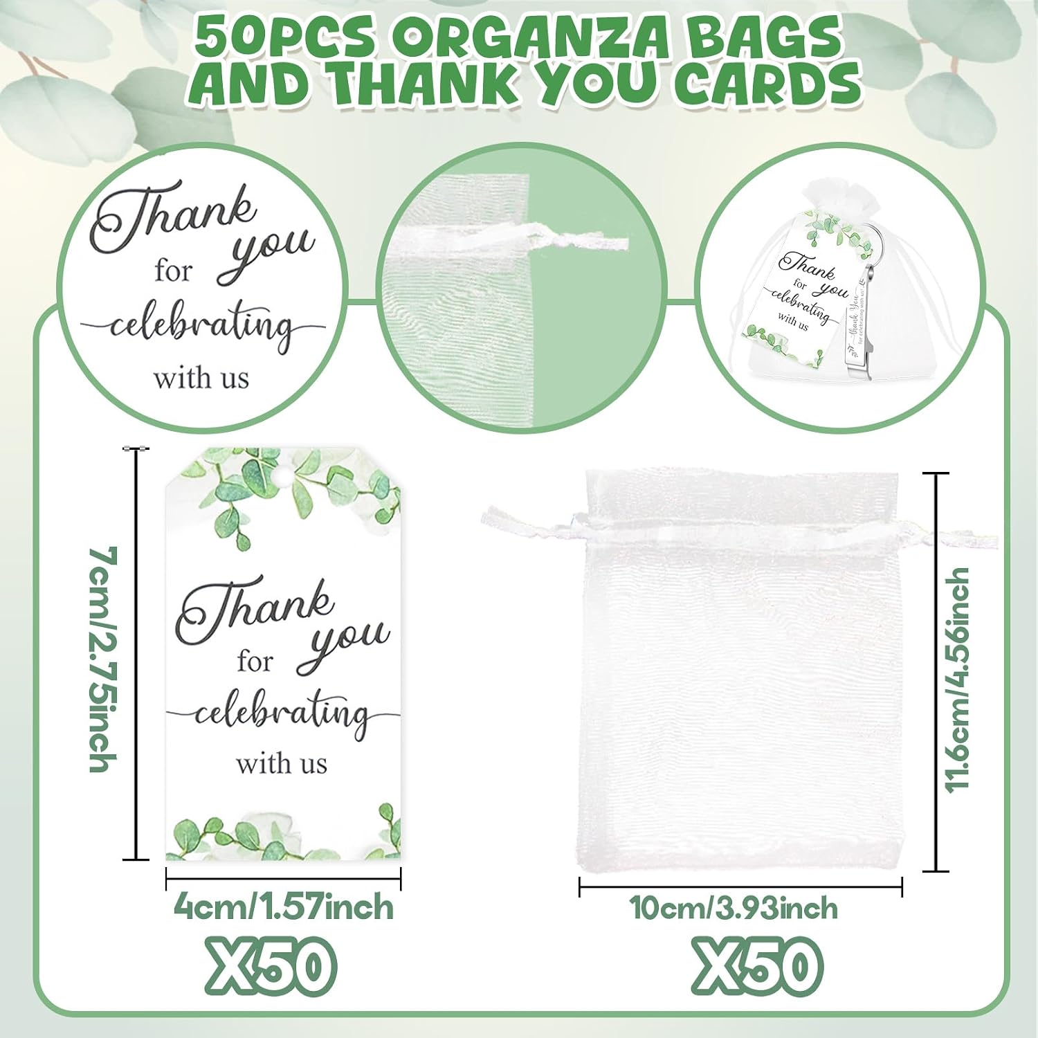 50 Sets Wedding Favors: Bottle Opener Keychains, Thank You Cards & Organza Bags for Guests
