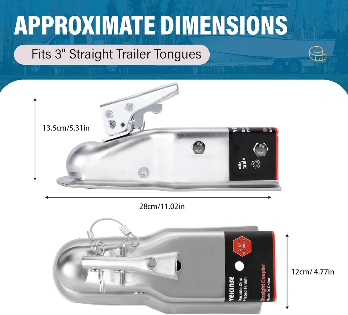 Straight Tongue (Zinc) Trailer Coupler with Hardware, Easy Remove Sticker and Instruction fit for 3" Channel, 2"