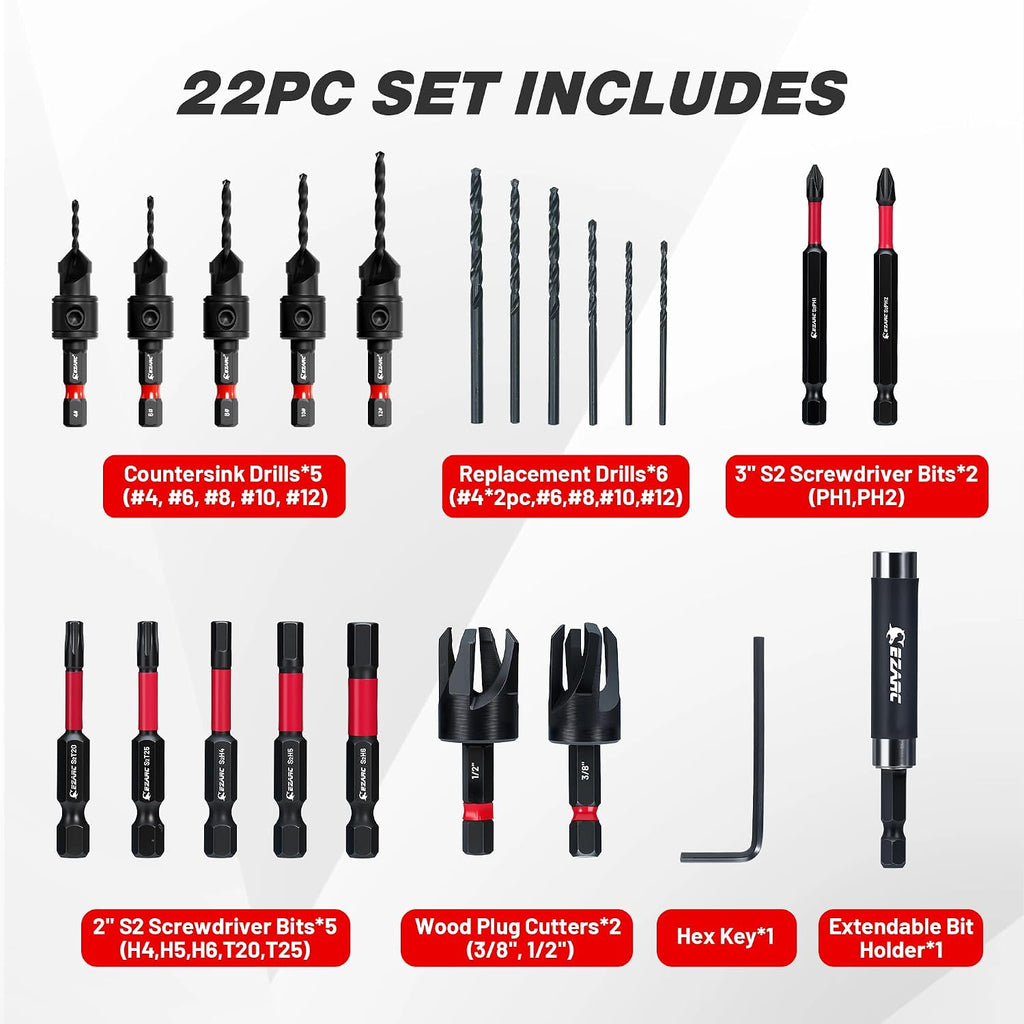 EZARC Countersink Drill Bit Set, 22PCS Two-Flute Bits with Plug Cutters