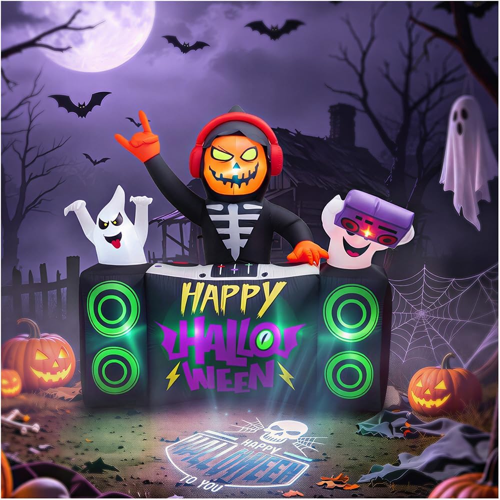 6 FT Halloween Inflatable Pumpkin Grim Reaper DJ Outdoor Décor | LED Projector Lighting, Fast Auto Inflate, Wind