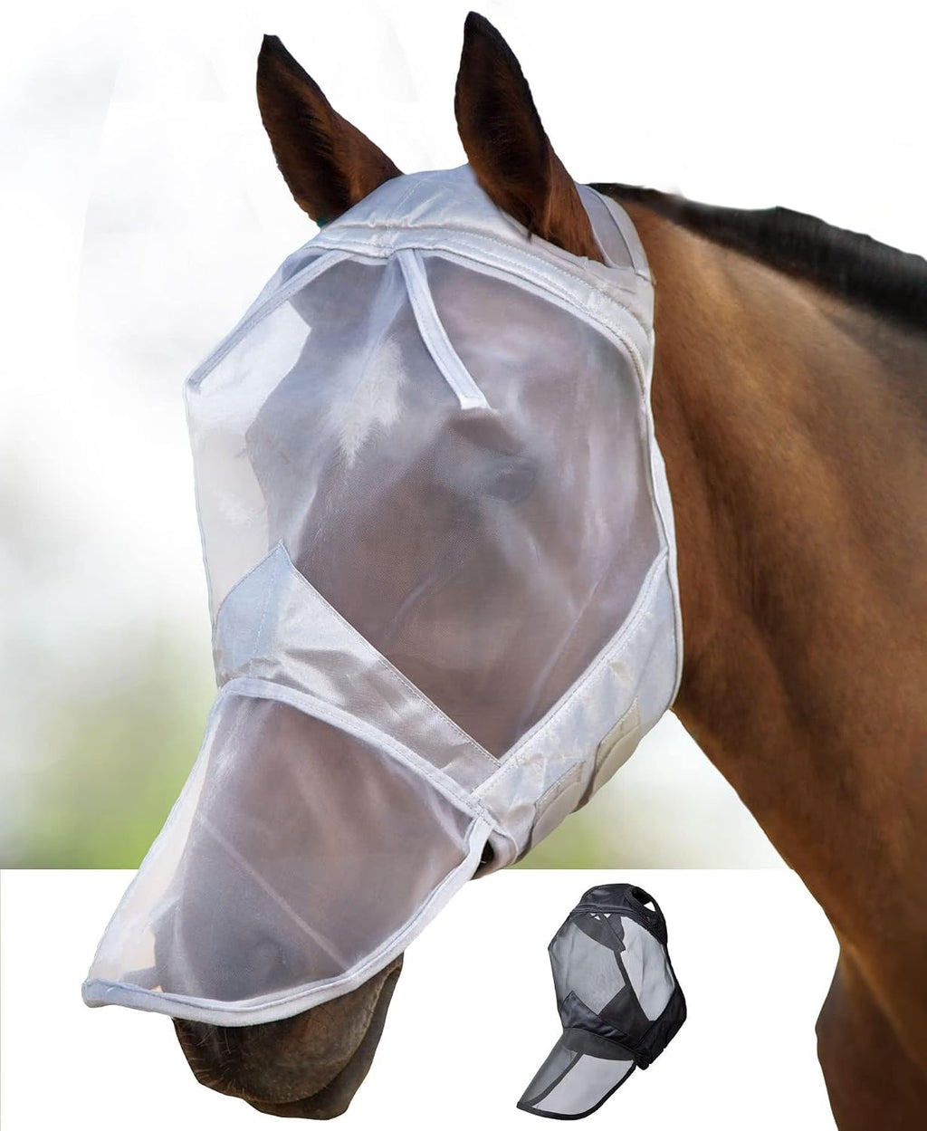 CareMaster Horse Fly Mask Large Eye Space Full Face No Ears Moonlight Silver Large Full Size