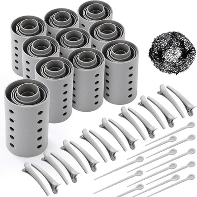141 Pcs Plastic Hair Rollers Set with Clips and Pins,Grey | No Heat Curlers for Sleeping, Bulk Styling Set Includes