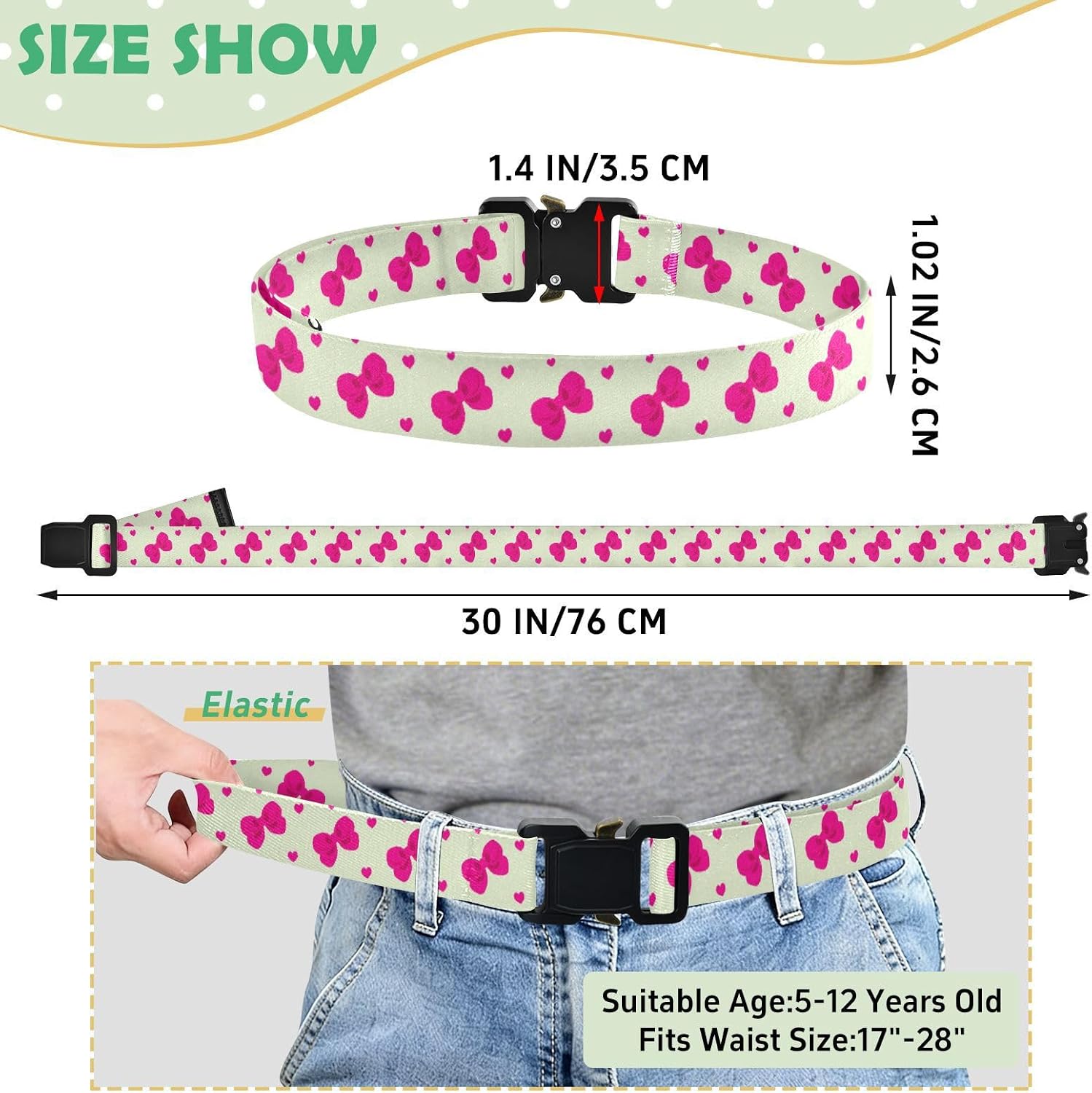 Bow Tie Adjustable Kids Elastic Belts, Girls Boys Stretch Waist Belt with Aluminum Alloy Buckle